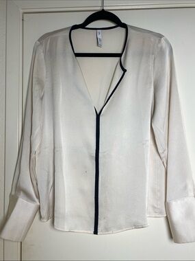Elegant Cream Silk-Feel Blouse with Black Trim